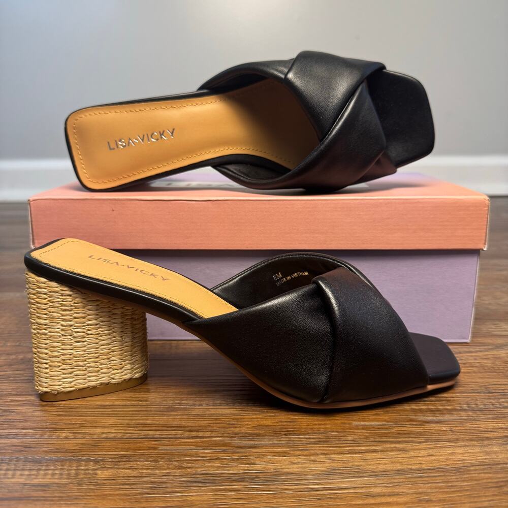 Lisa Vicky IMPRESS-V black sheep nappa block heel slip on mule sandal size 8
